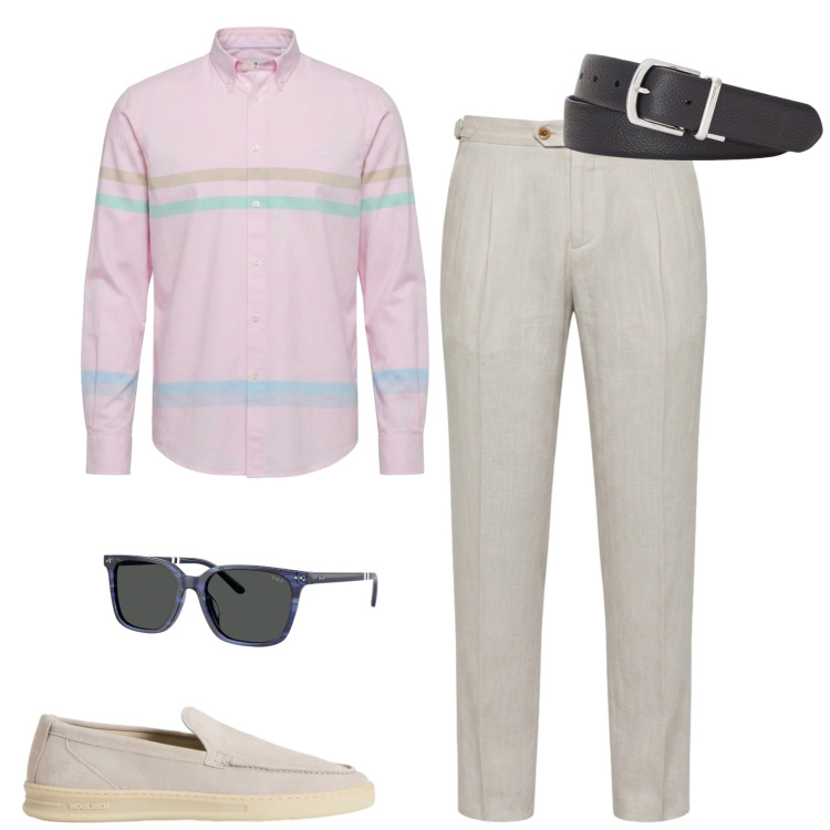 Outfit uomo - City. Stile Urban per Tutti i giorni. Abbinamento con camicie, pantaloni chino, scarpe stringate, occhiali da sole, cinture.