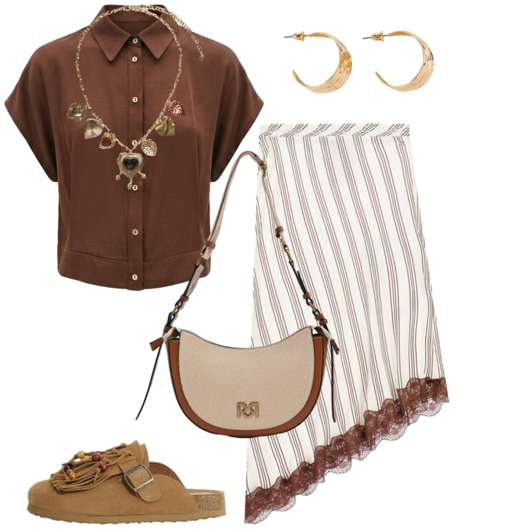 Outfit donna - Total look #2432160. Stile Trendy per Tutti i giorni. Abbinamento con orecchini, borse a tracolla, camicie, sabot, gonne longuette, collane.