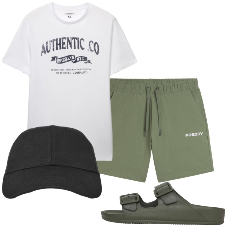 Outfit uomo - Total look #2432170. Stile Trendy per Mare. Abbinamento con cappelli con visiera, sandali, t-shirt, pantaloni corti.
