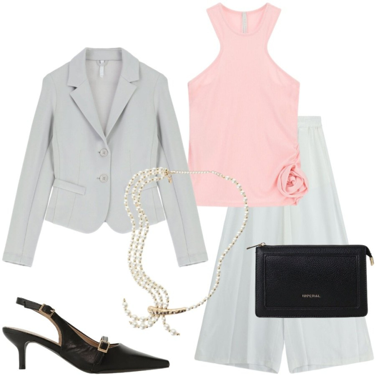 Outfit donna - Con o senza giacca. Stile Chic per Tutti i giorni. Abbinamento con collane, blazer, pantaloni, sandali col tacco, borse a tracolla, top.