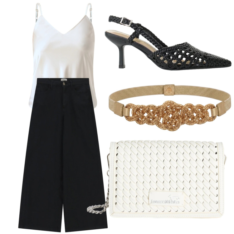 Outfit donna - Intrecci raffinati. Stile Chic per Serata fuori. Abbinamento con borse a tracolla, pantaloni a palazzo, cinture, top, décolleté.