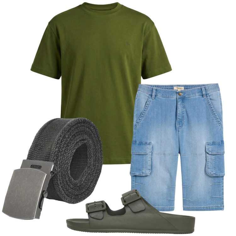 Outfit uomo - Total look #2432182. Stile Casual per Tutti i giorni. Abbinamento con bermuda, t-shirt, sandali, cinture.