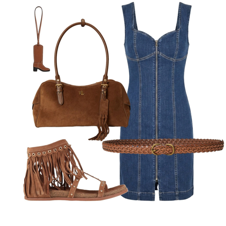 Outfit donna - Denim e cuoio. Stile Boho per Tutti i giorni. Abbinamento con infradito, cinture, borse a spalla, ciondoli, vestiti corti.