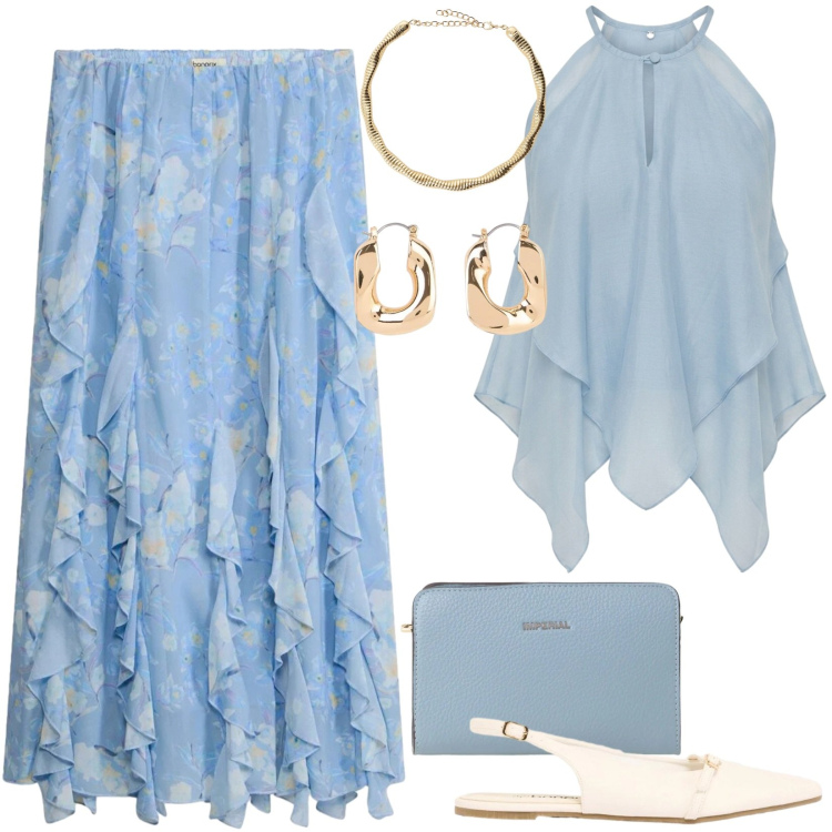 Outfit donna - Battesimo vista spiaggia. Stile Chic per Cerimonia. Abbinamento con gonne lunghe, ballerine, orecchini, borse a tracolla, collane, canottiere.
