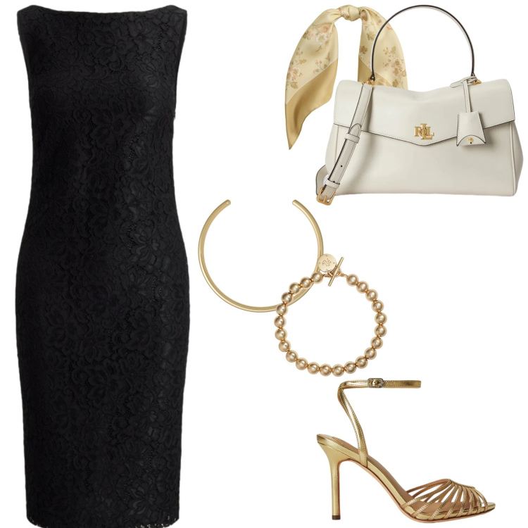 Outfit donna - Oro & Nero. Stile Chic per Serata fuori. Abbinamento con braccialetti, foulard, vestiti senza maniche, borse a mano, sandali in pelle, collane.