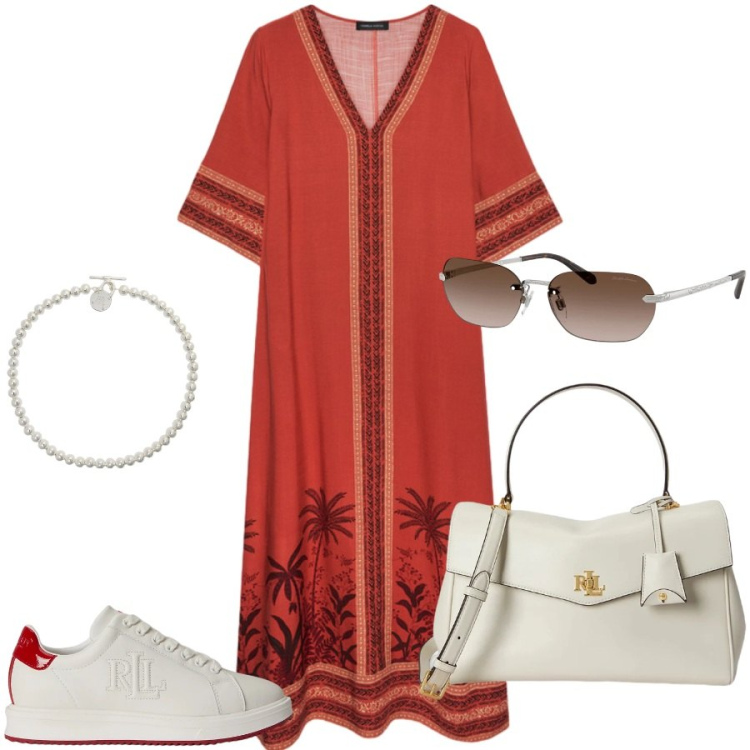 Outfit donna - Total look #2432200. Stile Casual chic per Tutti i giorni. Abbinamento con caftani, collane, borse a mano, sneakers, occhiali da sole.