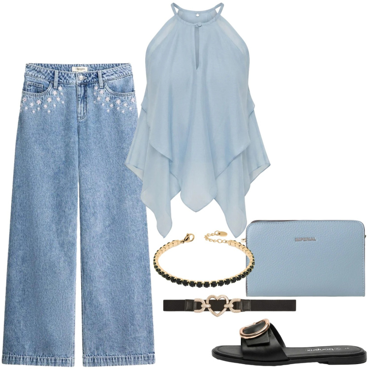 Outfit donna - Top cielo azzurro balze asimmetrica. Stile Trendy per Tutti i giorni. Abbinamento con jeans, ciabatte, cinture, braccialetti, canottiere, borse a tracolla.