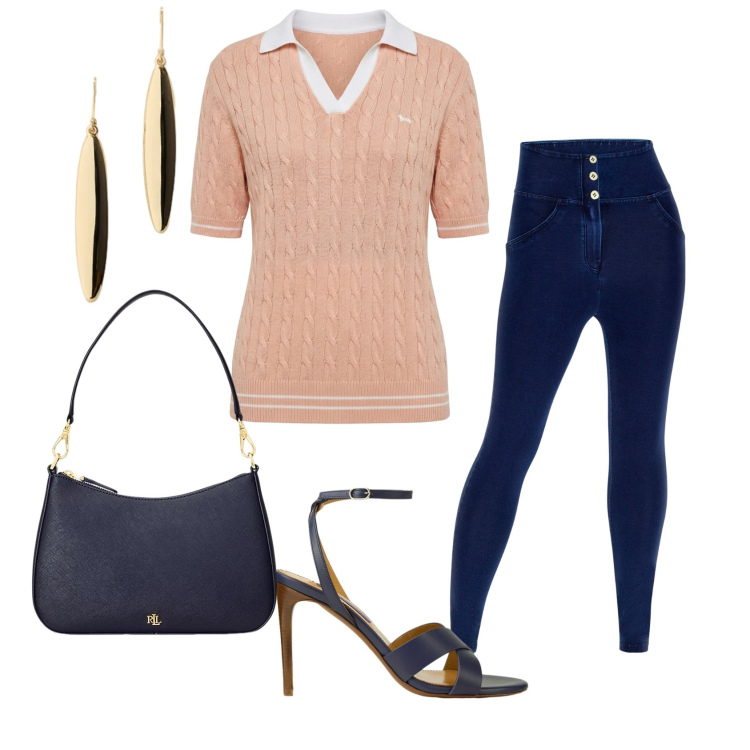 Outfit donna - Total look #2432213. Stile Casual chic per Ufficio. Abbinamento con polo, jeggings, borse a spalla, sandali col tacco, orecchini.
