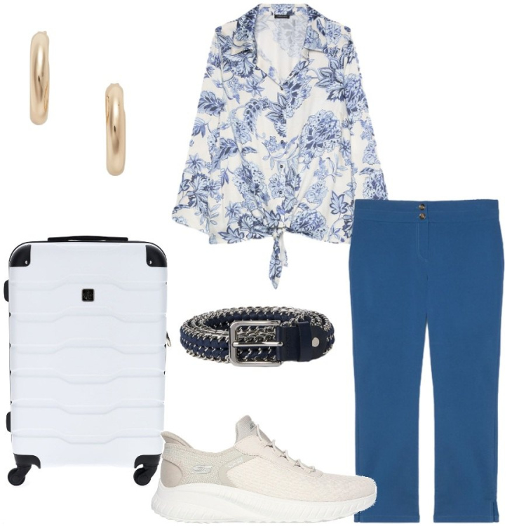 Outfit donna - Total look #2432217. Stile Casual chic per Tutti i giorni. Abbinamento con camicie, cinture, pantaloni, orecchini, valigie, sneakers.