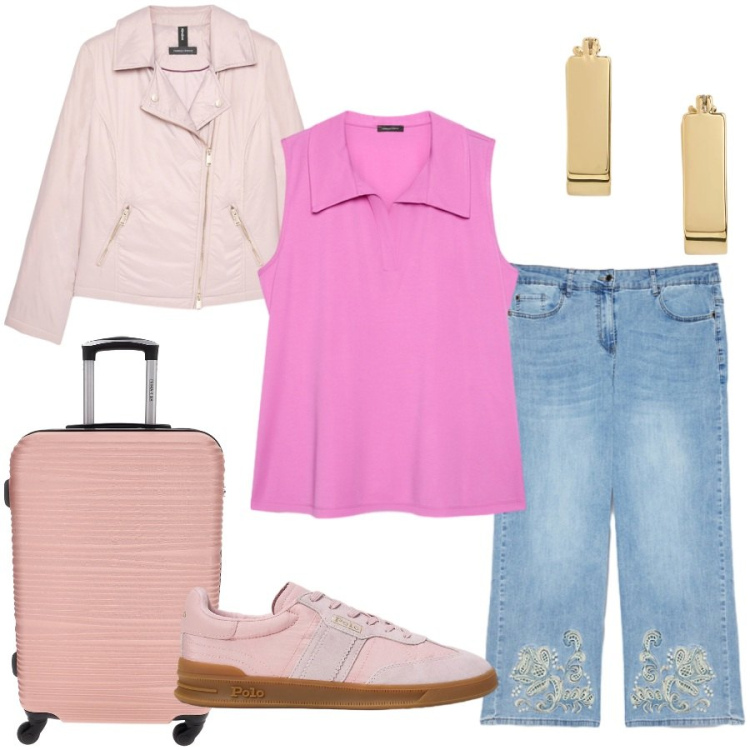 Outfit donna - Total look #2432219. Stile Casual chic per Tutti i giorni. Abbinamento con jeans, top, piumini, sneakers, orecchini, valigie.