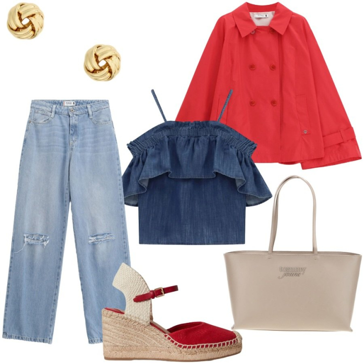 Outfit donna - Total look #2432222. Stile Casual chic per Tutti i giorni. Abbinamento con giacche, jeans strappati, top, orecchini, zeppe, borse a spalla.