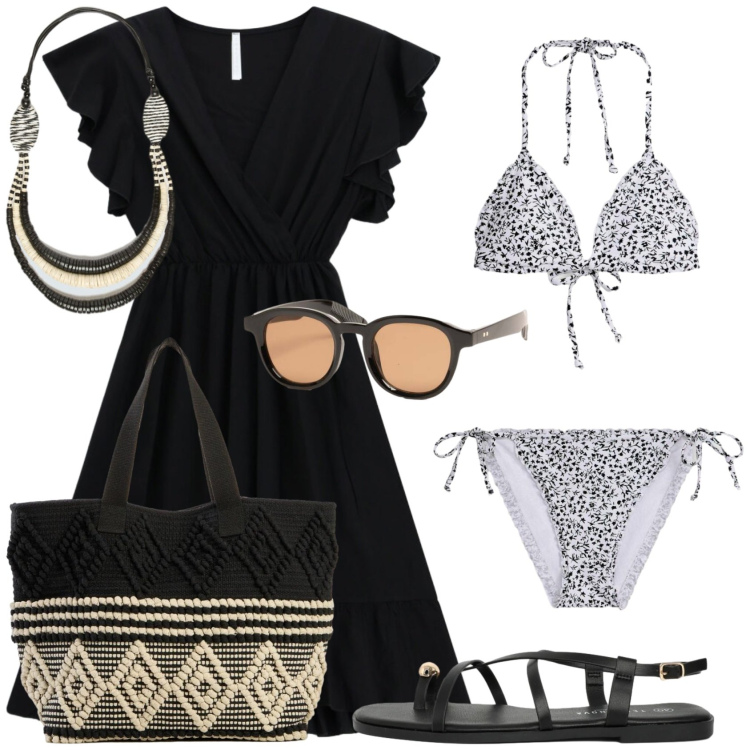 Outfit donna - Summer bag. Stile Casual chic per Mare. Abbinamento con shopping bag, bikini, sandali, vestiti corti, occhiali da sole, collane.