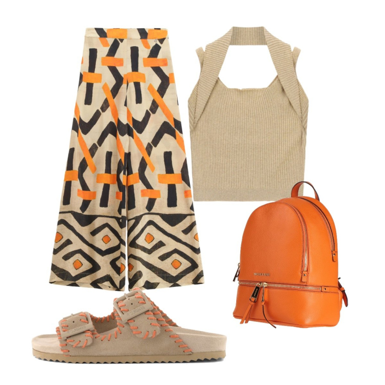 Outfit donna - Sandali protagonisti. Stile Casual chic per Tutti i giorni. Abbinamento con zaini, pantaloni a palazzo, top, sandali in pelle.