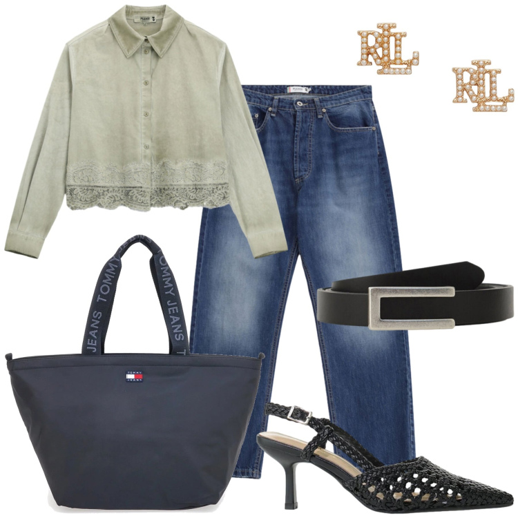 Outfit donna - Total look #2432245. Stile Casual chic per Tutti i giorni. Abbinamento con jeans dritti, camicie, cinture, décolleté, orecchini, borse tote.