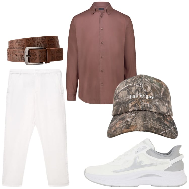 Outfit uomo - Aperitivo serale. Stile Casual per Serata speciale. Abbinamento con cinture, cappelli con visiera, pantaloni, sneakers, camicie.