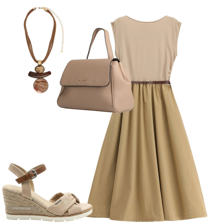 Outfit donna - Luglio. Stile Urban per Tutti i giorni. Abbinamento con zaini, sandali col tacco, vestiti midi/longuette, ciondoli.