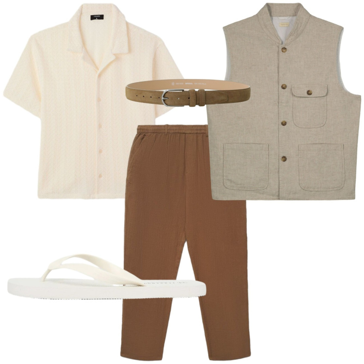 Outfit uomo - Gilet versatile. Stile Casual per Tutti i giorni. Abbinamento con pantaloni, camicie a manica corta, sandali, gilet, cinture.