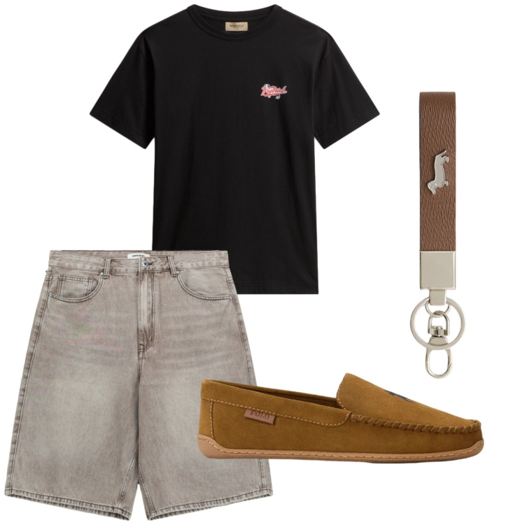 Outfit uomo - Mocassini versatili. Stile Trendy per Tutti i giorni. Abbinamento con portachiavi, t-shirt, scarpe stringate, bermuda.