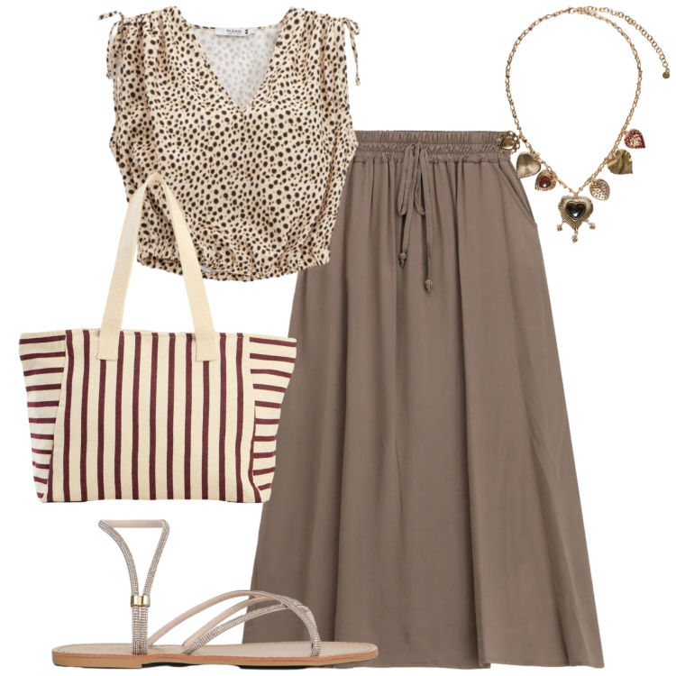 Outfit donna - Luglio. Stile Casual chic per Tutti i giorni. Abbinamento con shopping bag, sandali, collane, top, gonne lunghe.