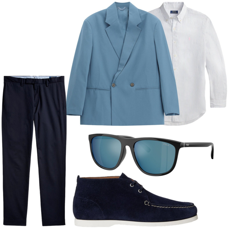 Outfit uomo - Moda classica. Stile Trendy per Ufficio. Abbinamento con pantaloni chino, occhiali da sole, scarpe stringate, camicie, giacche.