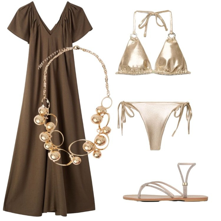 Outfit donna - Total look #2432257. Stile Trendy per Mare. Abbinamento con vestiti lunghi, sandali, bikini, bikini, collane.