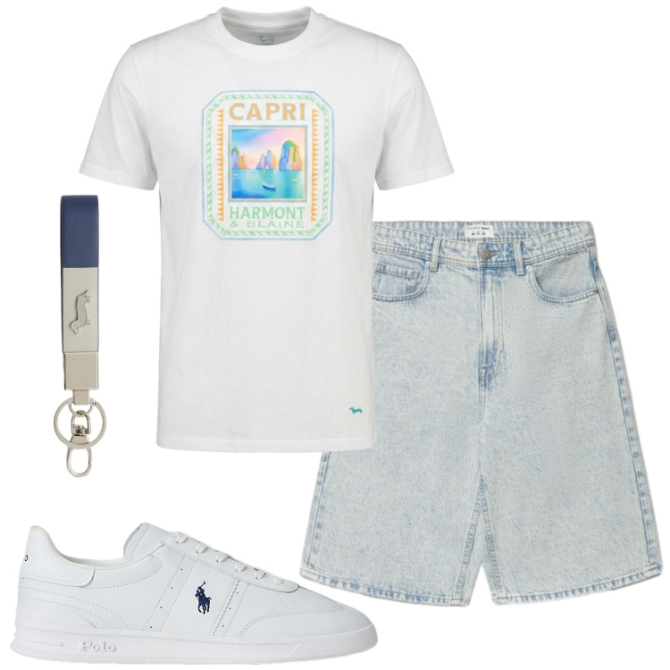 Outfit uomo - Total look #2432258. Stile Casual per Tutti i giorni. Abbinamento con t-shirt, portachiavi, shorts, sneakers.