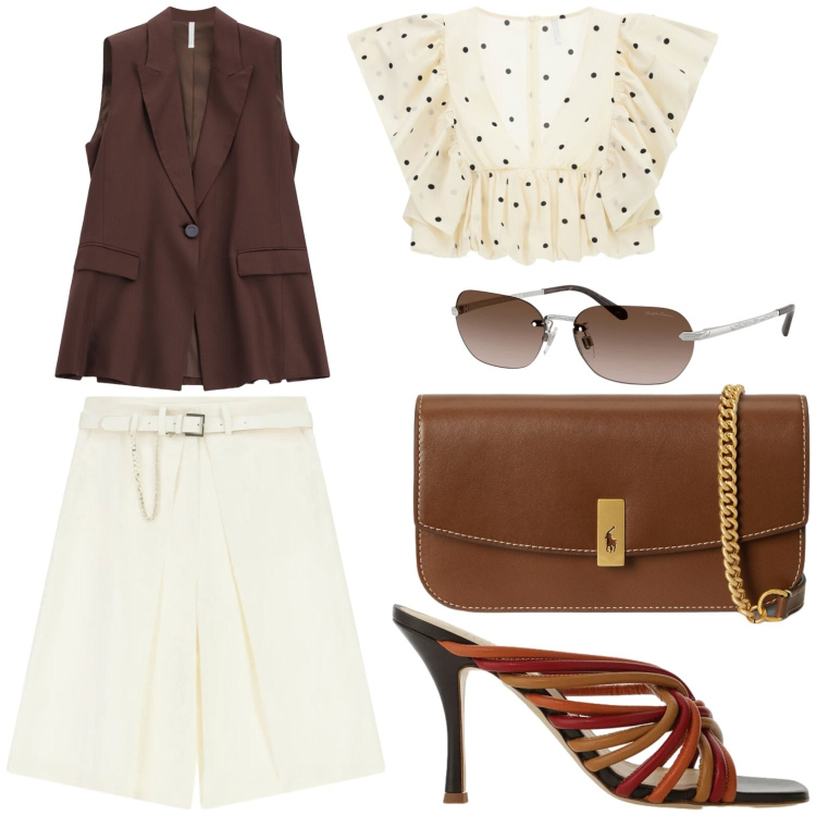 Outfit donna - Giorno e serata. Stile Casual chic per Tutti i giorni. Abbinamento con gilet, bermuda, top, sandali, clutch, occhiali da sole.