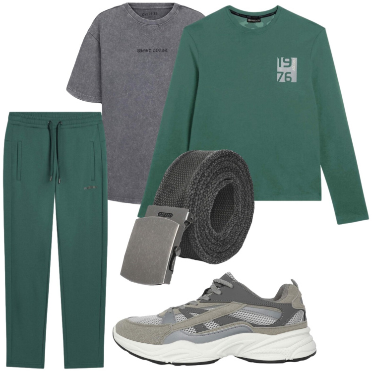 Outfit uomo - Linee pulite. Stile Casual per Tutti i giorni. Abbinamento con t-shirt, sneakers, cinture, pantaloni, t-shirt.