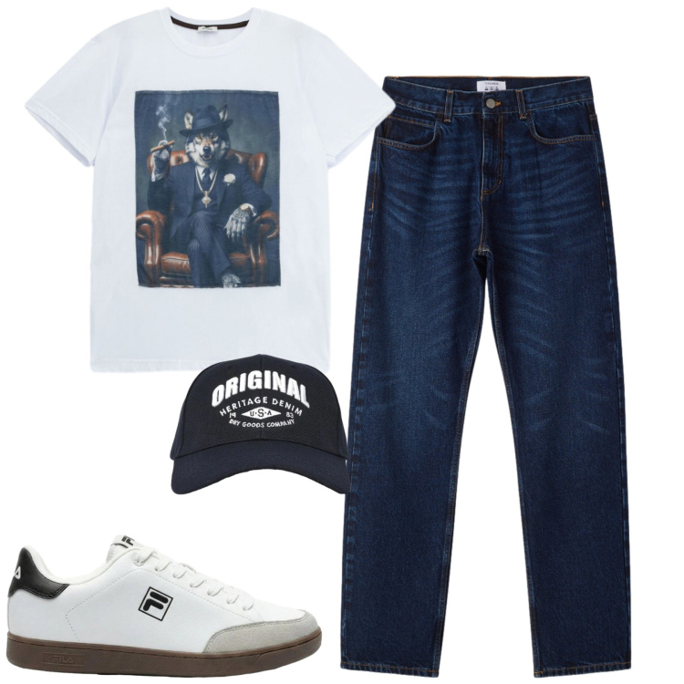 Outfit uomo - Total look #2432264. Stile Casual per Tutti i giorni. Abbinamento con sneakers, jeans dritti, cappelli con visiera, t-shirt.