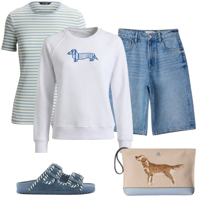 Outfit donna - Total look #2432266. Stile Trendy per Tutti i giorni. Abbinamento con felpe, bermuda, t-shirt, pochette, ciabatte.