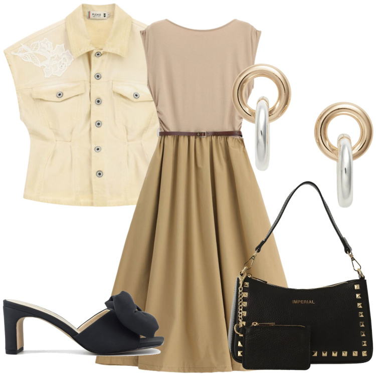Outfit donna - Total look #2432267. Stile Casual chic per Tutti i giorni. Abbinamento con borse a spalla, vestiti midi/longuette, blazer, orecchini, sandali col tacco.
