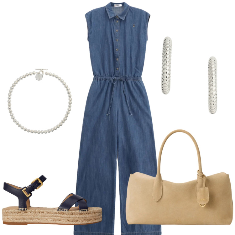 Outfit donna - Total look #2432269. Stile Casual chic per Tutti i giorni. Abbinamento con tute, espadrillas, collane, orecchini, borse a mano.