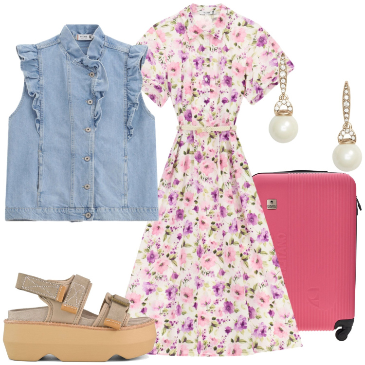 Outfit donna - Total look #2432271. Stile Casual chic per Tutti i giorni. Abbinamento con vestiti midi/longuette, gilet, orecchini, sandali col tacco, valigie.