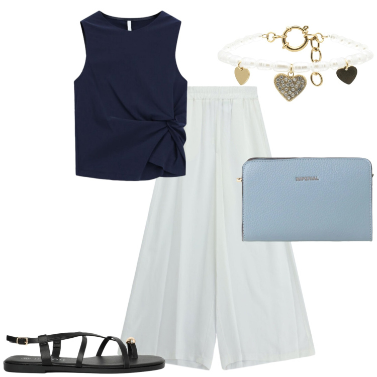 Outfit donna - Total look #2432273. Stile Casual chic per Tutti i giorni. Abbinamento con sandali, braccialetti, canottiere, pantaloni, borse a tracolla.
