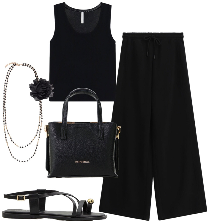 Outfit donna - Black. Stile Casual chic per Tutti i giorni. Abbinamento con sandali, collane, pantaloni a palazzo, borse a tracolla, canottiere.