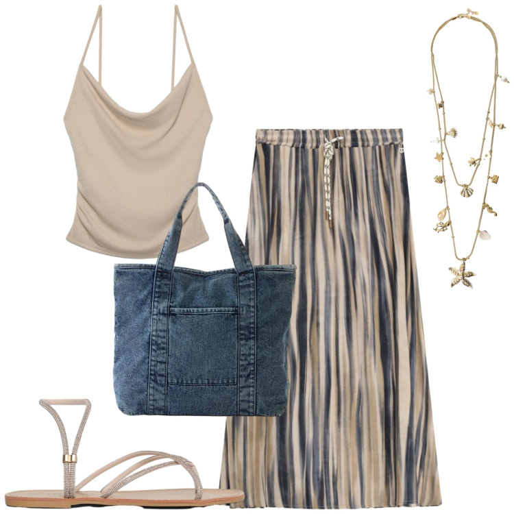Outfit donna - Luglio. Stile Casual chic per Tutti i giorni. Abbinamento con shopping bag, canottiere, sandali, collane, gonne lunghe.