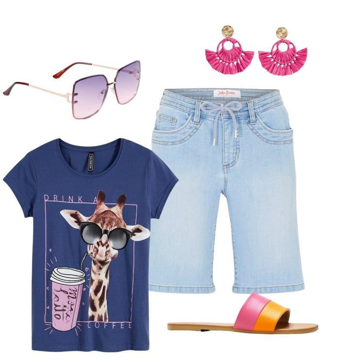 Outfit donna - Tra un vicolo e l\'altro. Stile Casual per Tutti i giorni. Abbinamento con bermuda, t-shirt, ciabatte, orecchini, occhiali da sole.
