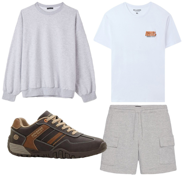 Outfit uomo - Tonalità neutre. Stile Casual per Tutti i giorni. Abbinamento con sneakers, t-shirt, felpe, bermuda.