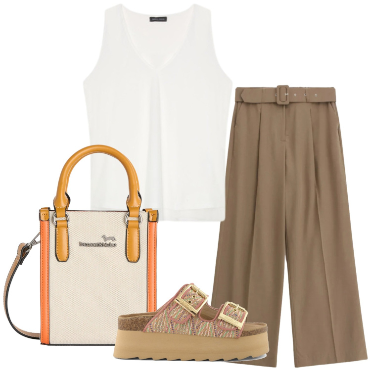 Outfit donna - Total look #2432285. Stile Trendy per Ufficio. Abbinamento con borse tote, top, pantaloni a palazzo, ciabatte.
