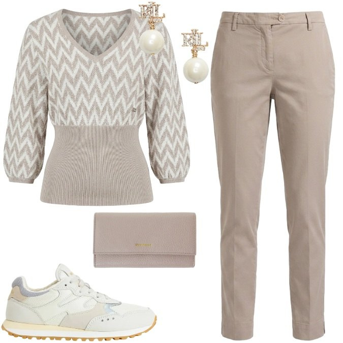 Outfit donna - Grigio perla. Stile Sporty chic per Tutti i giorni. Abbinamento con maglieria, pantaloni, sneakers, orecchini, portafogli.