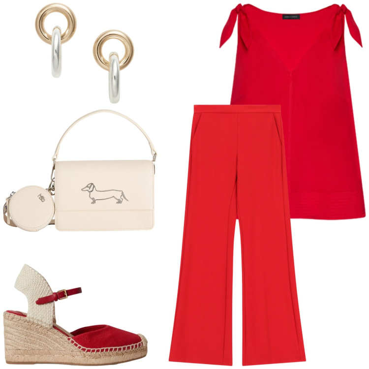 Outfit donna - Total look #2432295. Stile Casual chic per Serata fuori. Abbinamento con pantaloni, borse a tracolla, top, zeppe, orecchini.