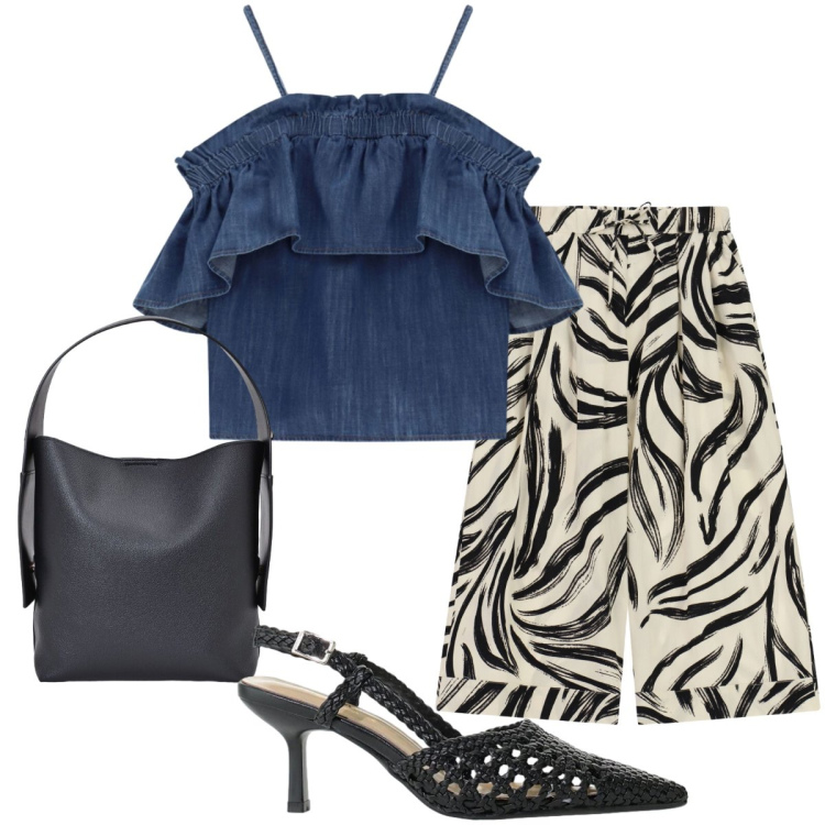 Outfit donna - In libertà. Stile Chic per Tutti i giorni. Abbinamento con borse a spalla, décolleté, top, pantaloni a palazzo.