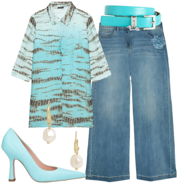 Outfit donna - Chic. Stile Casual per Tutti i giorni. Abbinamento con décolleté, cinture, camicie, jeans, orecchini.