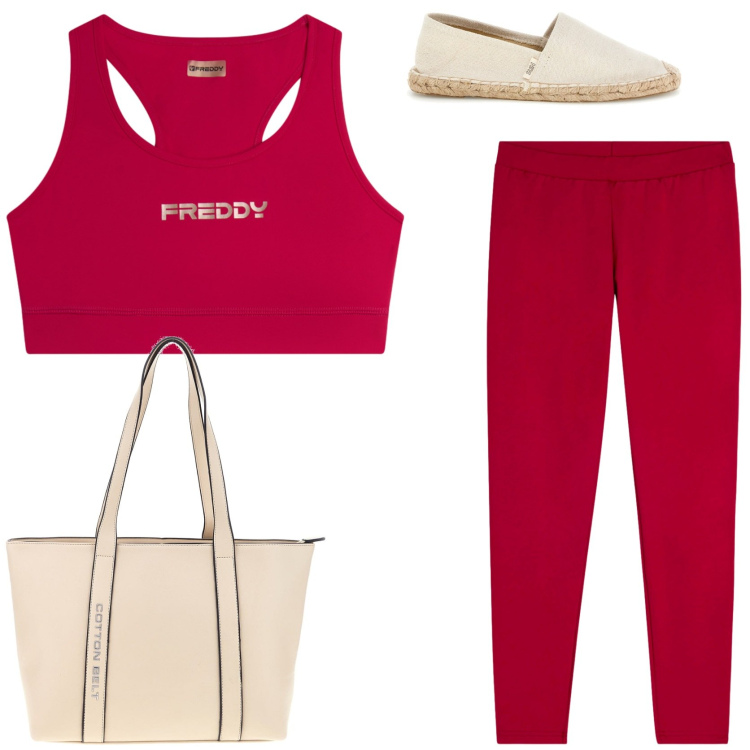 Outfit donna - Stilosa In palestra. Stile Sporty chic per Sport. Abbinamento con leggings, top, espadrillas, shopping bag.