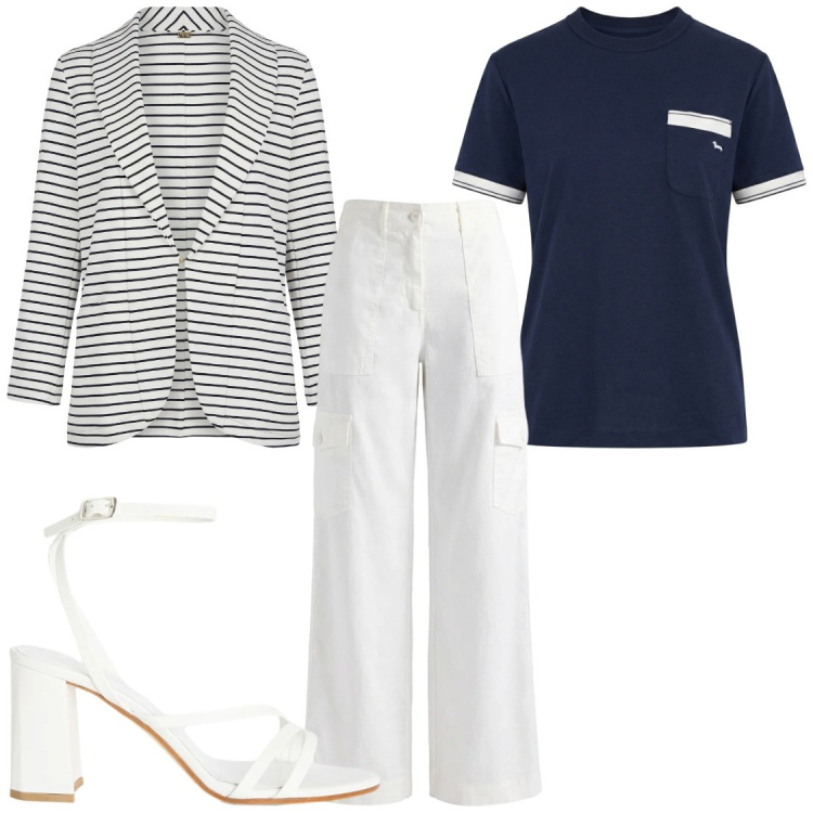 Outfit donna - Total look #2432306. Stile Chic per Ufficio. Abbinamento con blazer, sandali in pelle, t-shirt, pantaloni cargo.