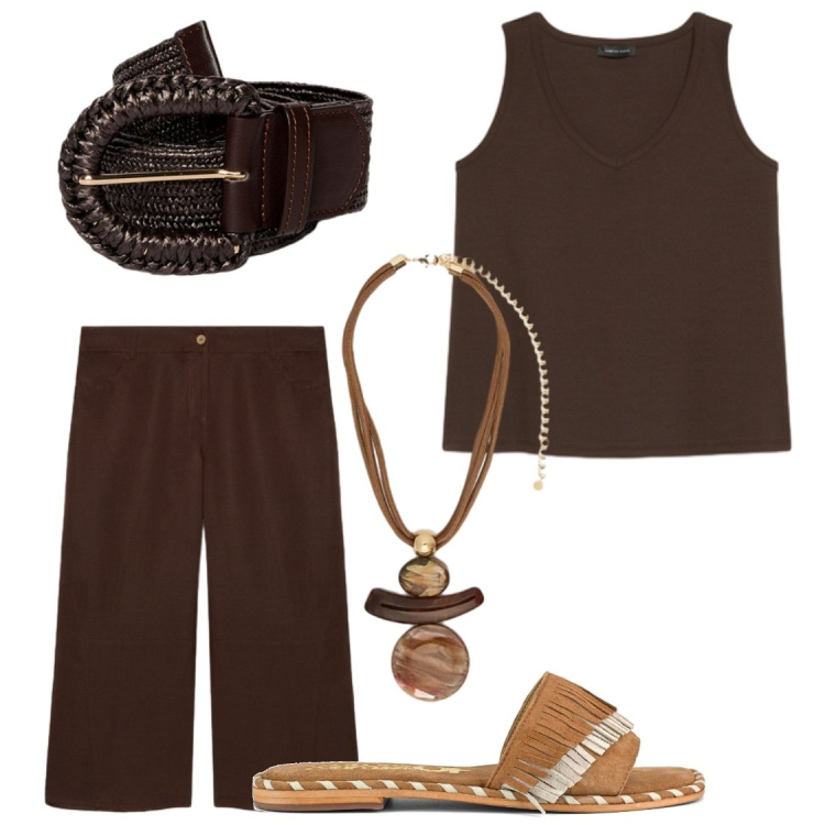 Outfit donna - Serate estive in comfort. Stile Chic per Serata fuori. Abbinamento con pantaloni, canottiere, cinture, ciondoli, ciabatte.