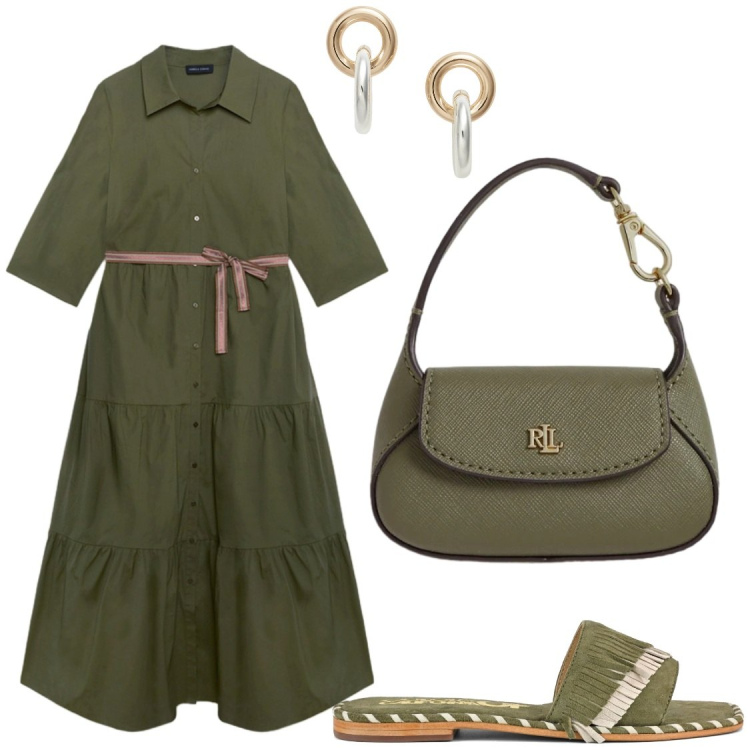 Outfit donna - Serate miti. Stile Chic per Serata fuori. Abbinamento con vestiti chemisier, borse a mano, orecchini, ciabatte.