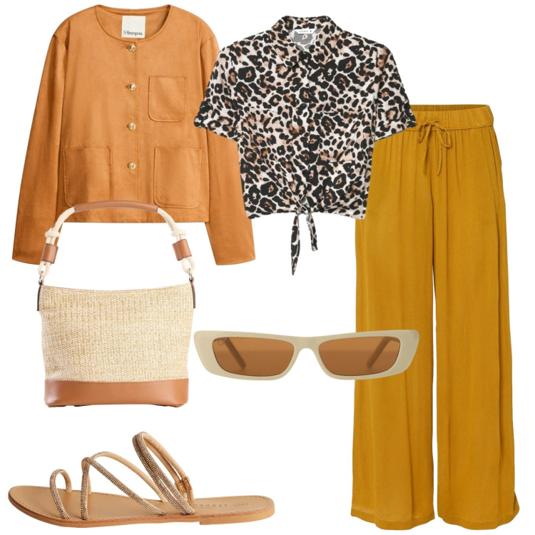 Outfit donna - Total look #2432310. Stile Casual per Tutti i giorni. Abbinamento con pantaloni, blazer, borse a mano, camicie a manica corta, sandali, occhiali da sole.