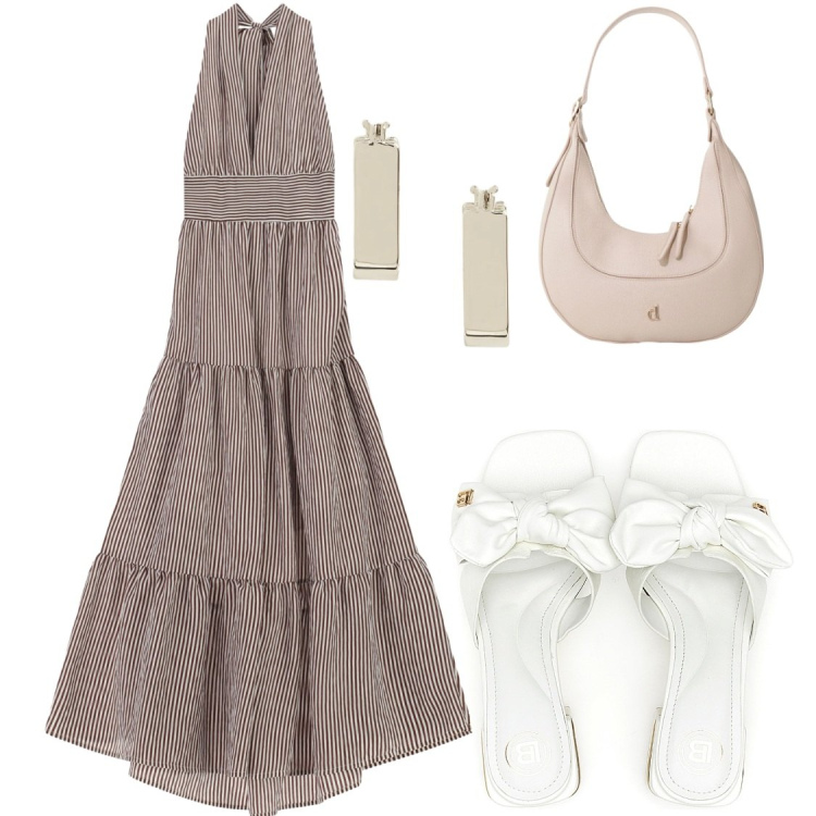 Outfit donna - Feste di Paese. Stile Chic per Serata fuori. Abbinamento con vestiti lunghi, borse a tracolla, orecchini, ciabatte.