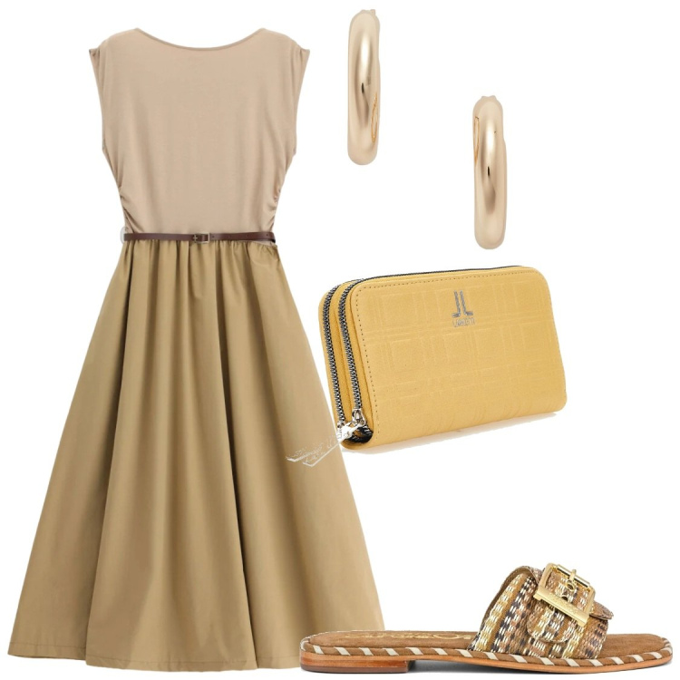 Outfit donna - Quando torno al mio paese. Stile Chic per Serata fuori. Abbinamento con vestiti midi/longuette, orecchini, portafogli, ciabatte.